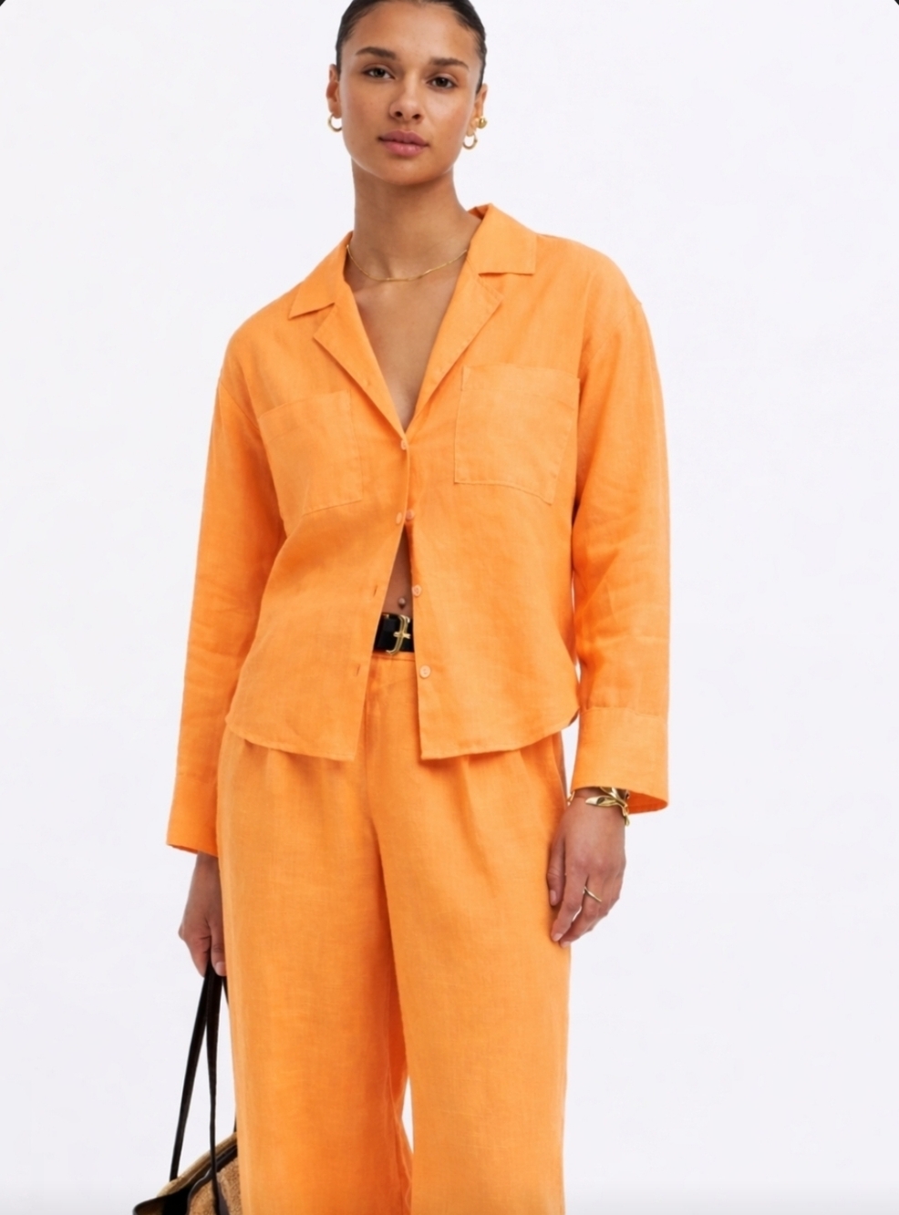 NWT Madewell Orange Ramie Long Sleeve Button Down Resort Shirt - Women's XXS